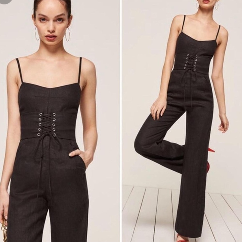 Reformation Linen Black Lace-Up Waist Jumpsuit Size 0